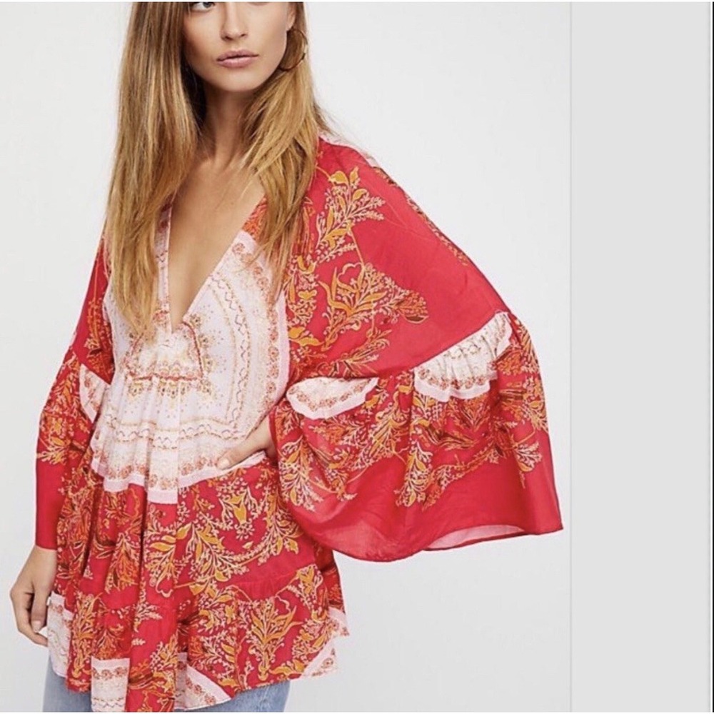 M10 Free‎ People Pink Printed Paisley Bell Sleeve V-Neck Boho Tunic Top Size S